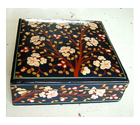 Handpainted Box India, Black With Flowers, Leaves, Tree Branches 6x6x2 .