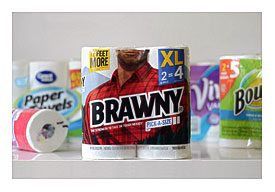Brawny paper towels next to other brands