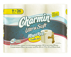 Charmin Ultra Soft Toilet Paper 9 Mega Rolls = 36 Regular Rolls