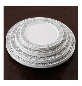 . Silver Trimmed 10.25" Round Disposable Plate Picturesque Collection