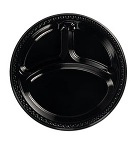 Chinet Heavyweight Plastic 3 Compartment Plates, 10 1 4" Dia, Black .