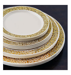 10 Pack Ivory With Gold Trimmed 10.25" Round Disposable Plate .