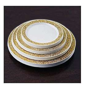 10 Pack White With Gold Trimmed 10.25" Round Disposable Plate .