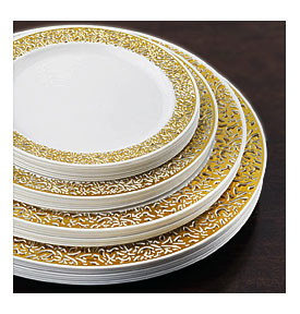 10 Pack White With Gold Trimmed 9" Round Disposable Plate .