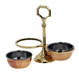 . Ware Pickle Condiment Holder Two Serving Bowls Copper Stainless EBay