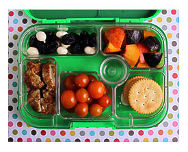 Preschool Yumbox With Dried Fruit And Garden Tomatoes
